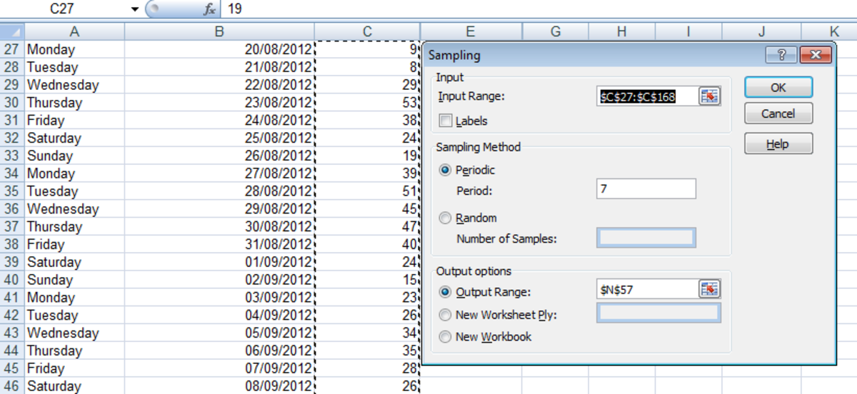 Creating a sample of data for each Sunday in the week in Excel 2007 and Excel 2010. Source: http://robbiecwilson.hubpages.com/