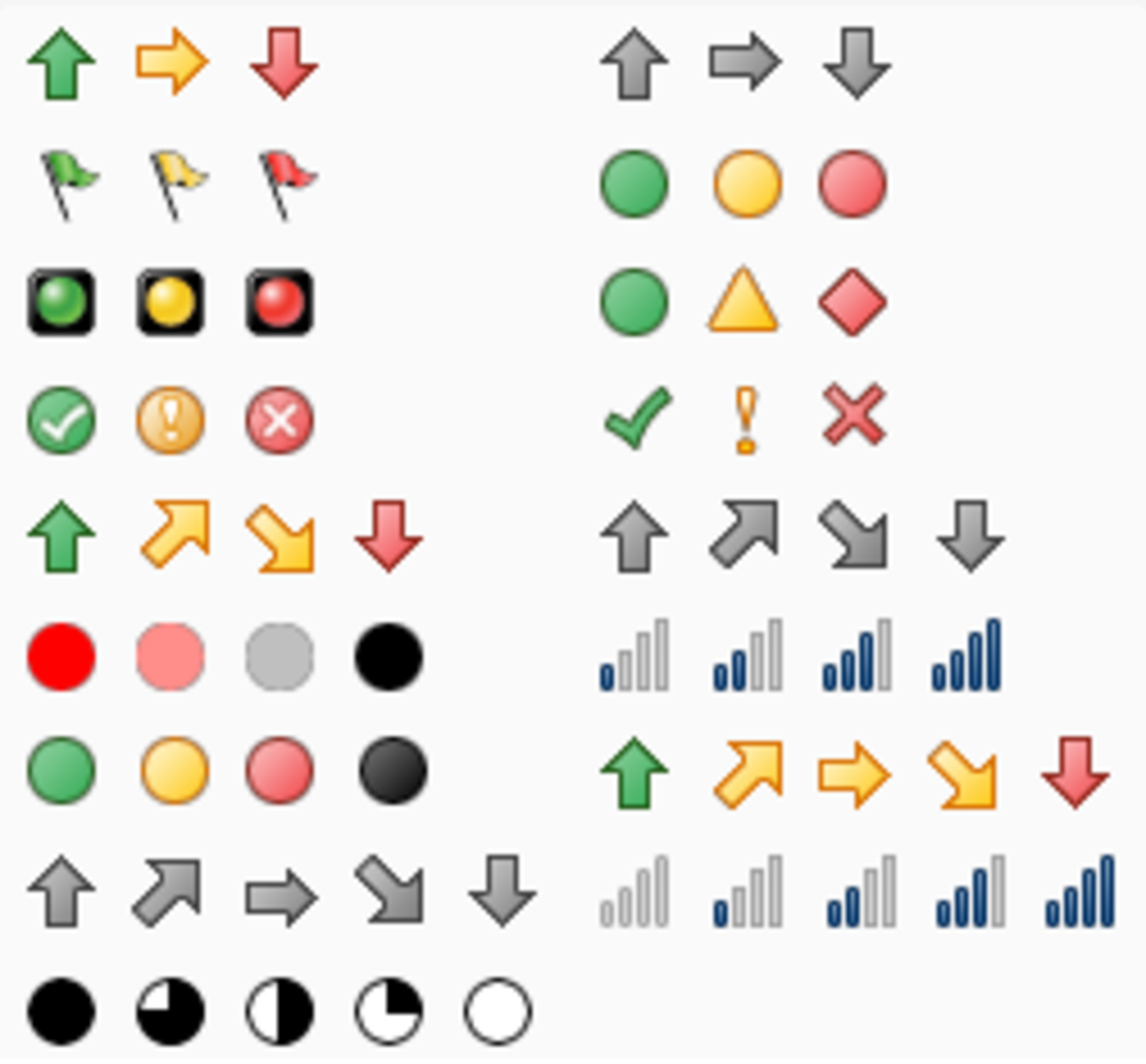 Examples of the Icon Sets available in Excel 2007 and Excel 2010.