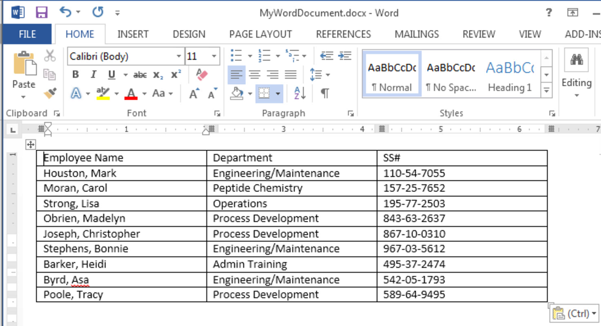 formatting tables in word document