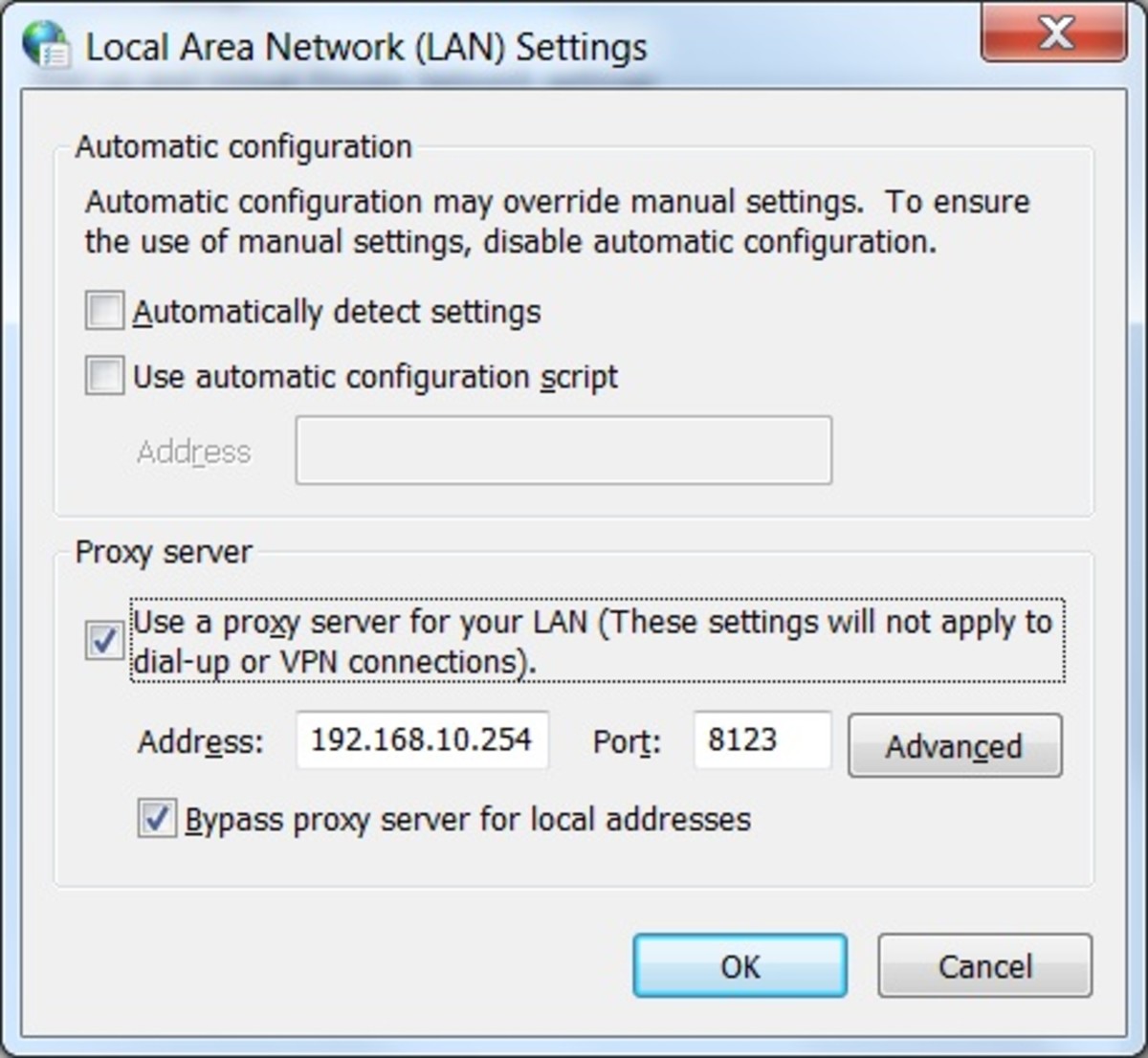 通过LAN设置控制面板添加代理IP。