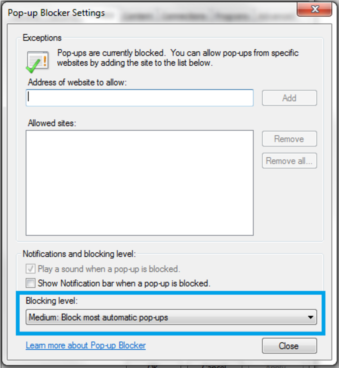 Figure 4. Choose the pop-up blocking level (low, medium, high) you wish to apply to the browser.
