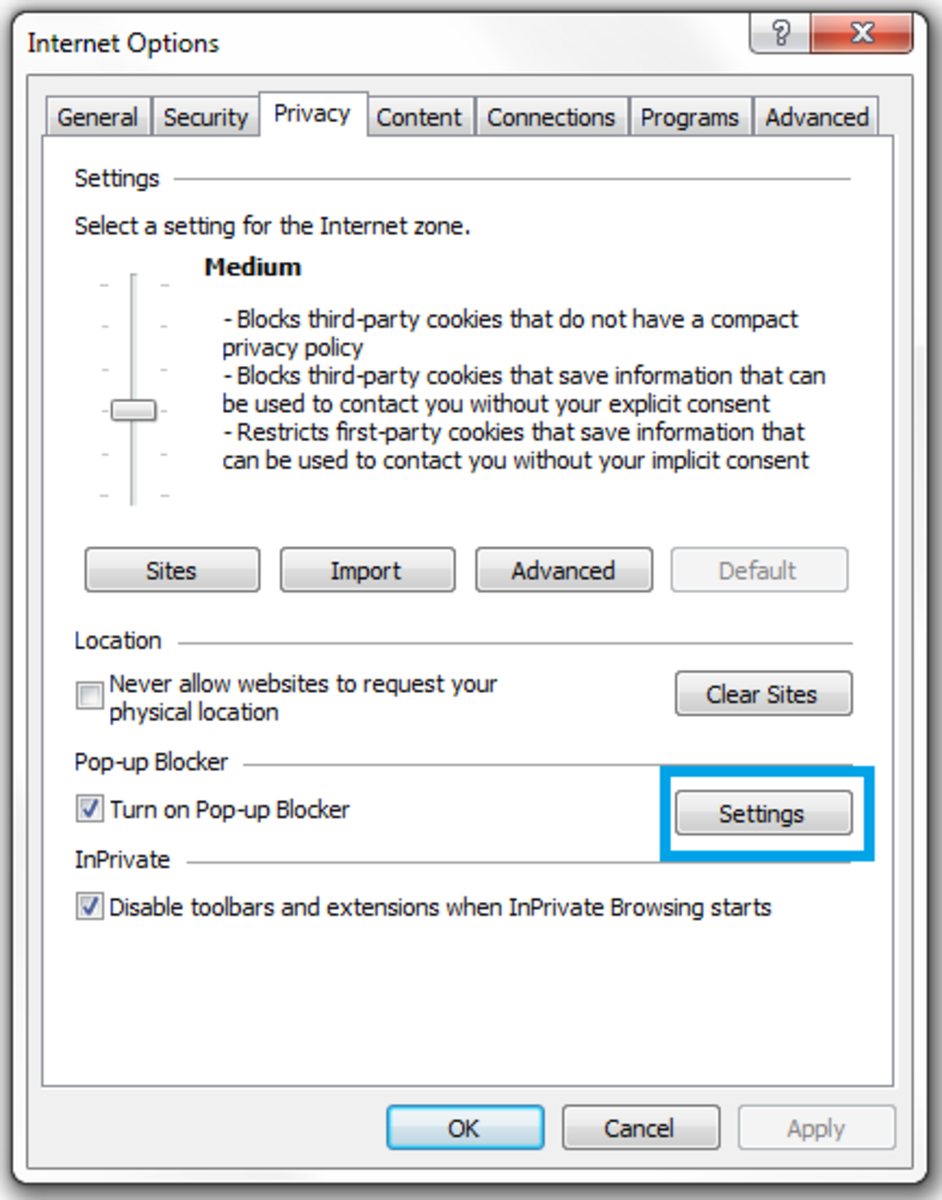 Figure 2. Click the Settings button to access the Pop-up blocker settings in the Internet Options -  Privacy menu. 