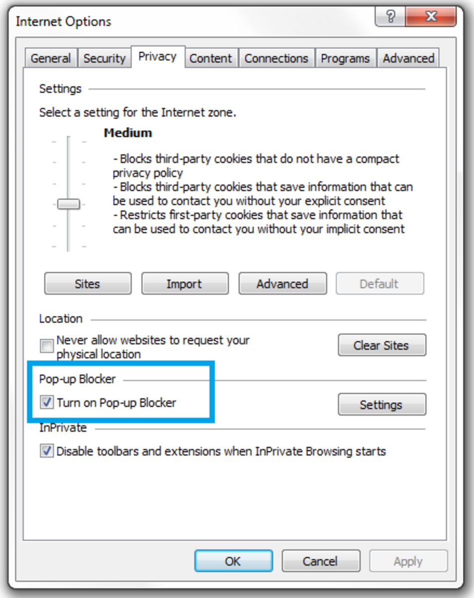 Figure 1. Deselect this check box to disable the pop-up blocker in Internet Explorer.
