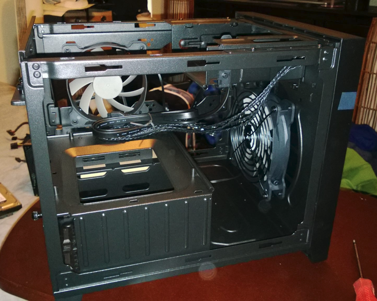 Inside of the Corsair 250D. This case will give you full functionality but is a bit more boxy than the other featured cases. 