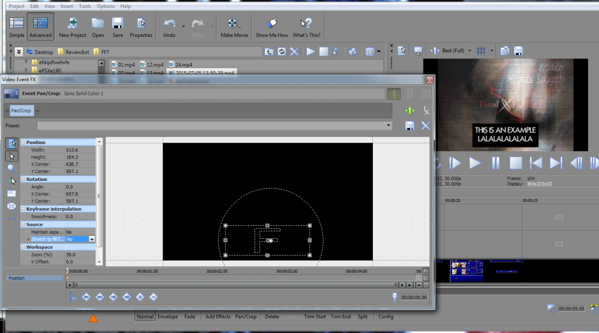The 'Video Event FX' window. From here you can crop your video frames and choose which parts of a frame you want displayed.