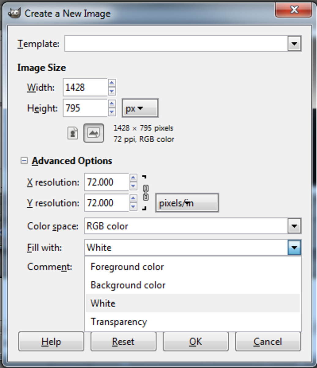 Creating a new canvas in GIMP, with the settings needed for a transparent background.