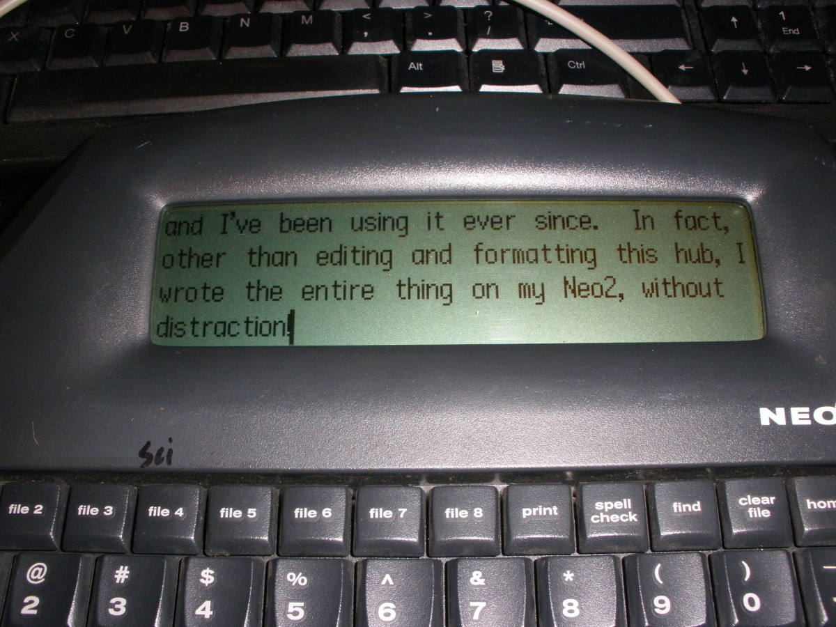 The display of the Neo2, which although not large by any means, let's me see where I'm at comfortably, and I can decrease the font size to get more text on screen, but don't find it necessary when I'm hammering out a first draft.