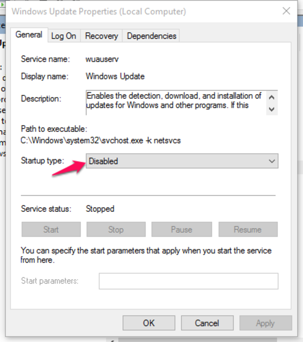 Turn Startup type to Disabled to disable automatic Windows updates.