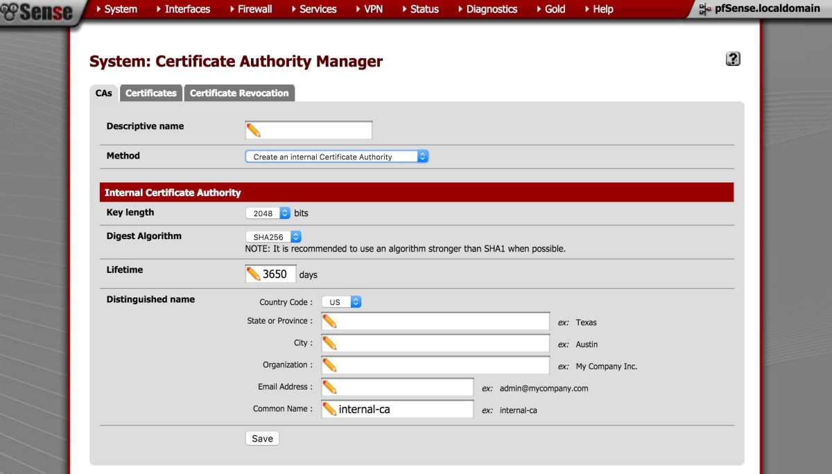 Creating a new certificate authority in pfSense.