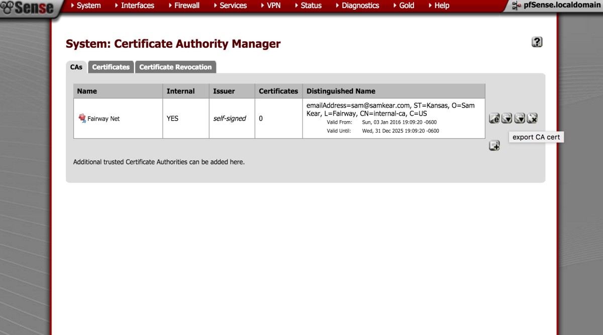 Exporting the CA certificate from the pfSense certificate authority manager.