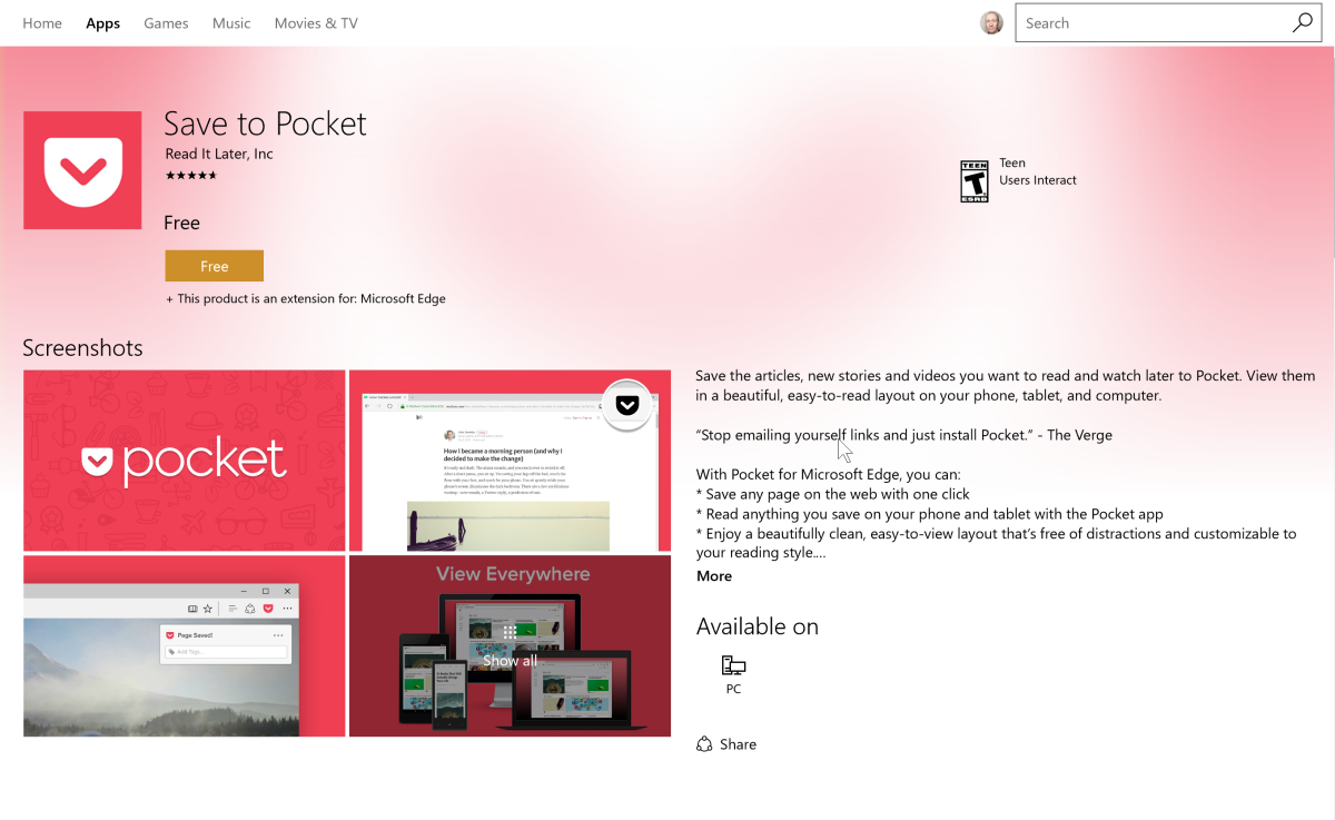 Save to Pocket for Microsoft Edge