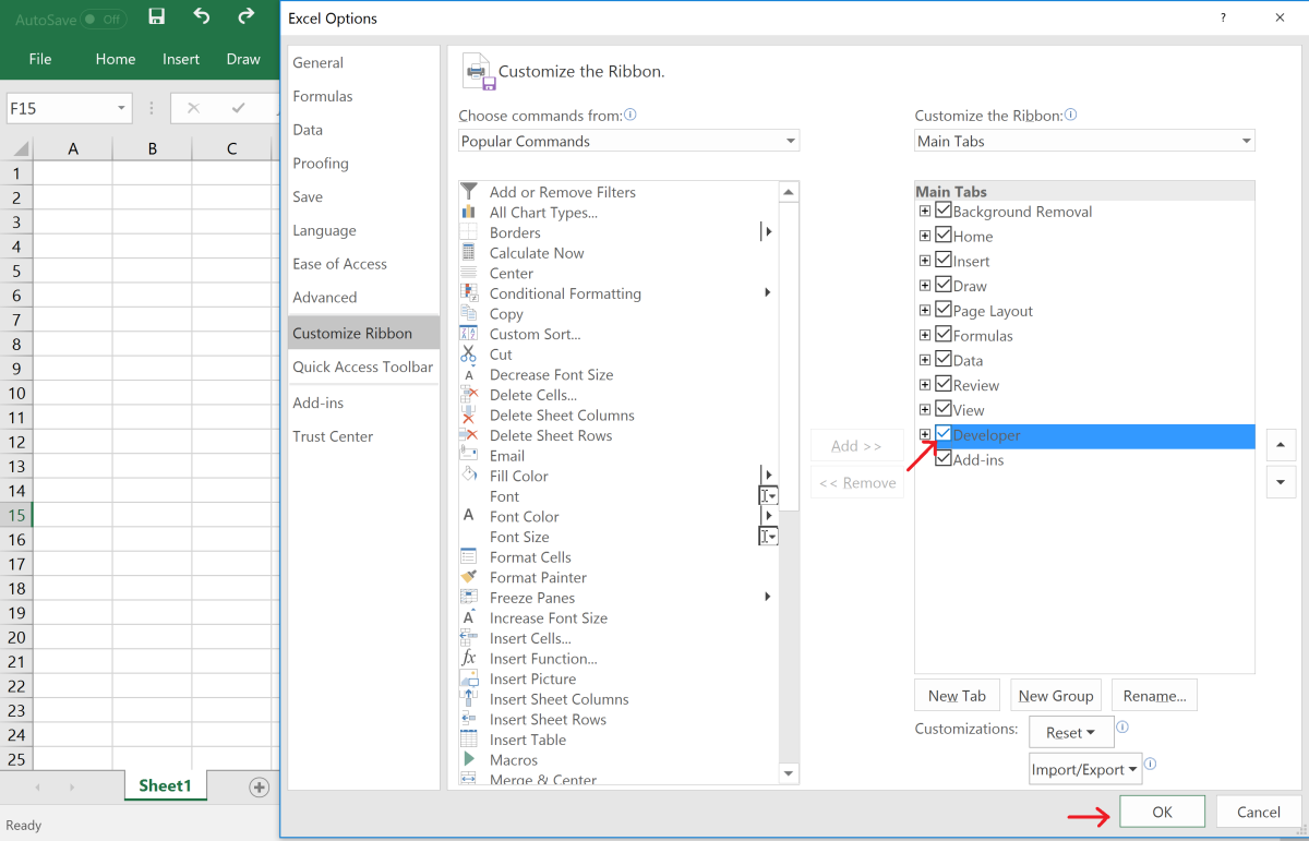 turn on developer tab in excel