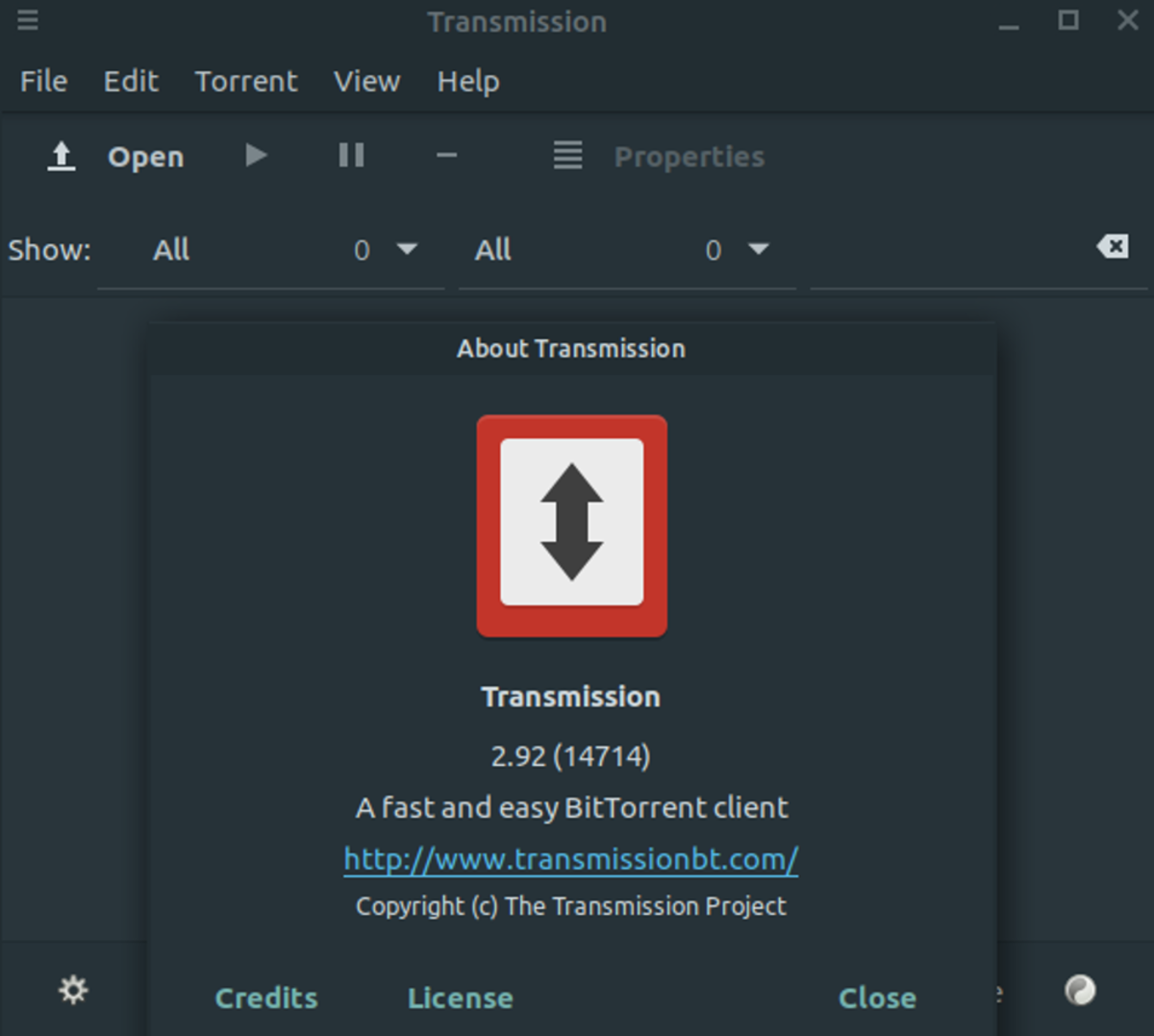 A screenshot of Transmission. Transmission is a BitTorrent client.
