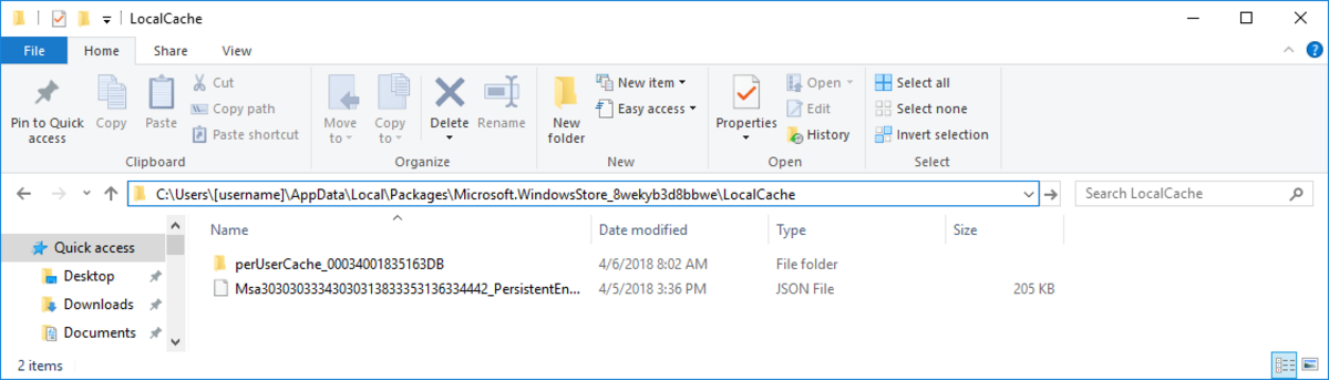 Current view of my LocalCache folder - Your path should look similar with your own PC username and unique Windows Store folder ID.