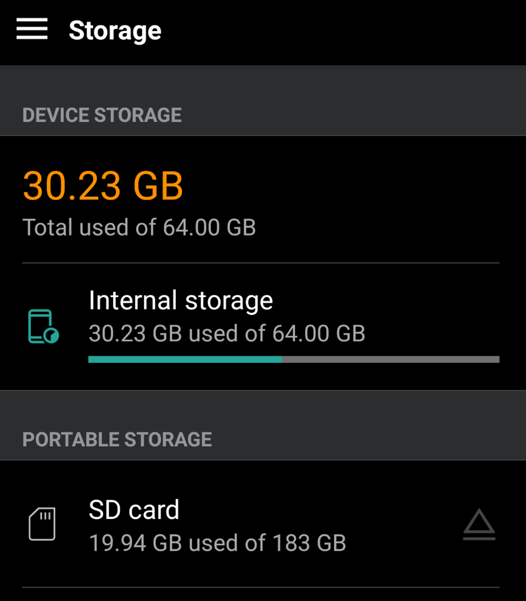 The storage options showing the amount of space the phone has.