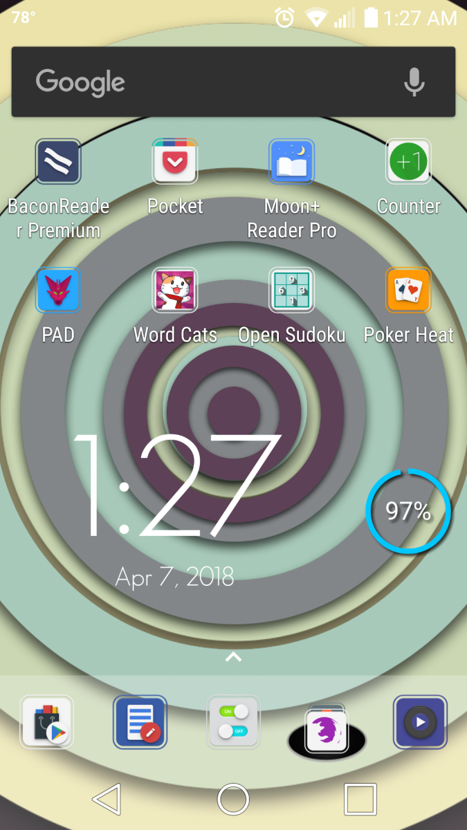 My homescreen. I am using Nova Launcher, Jono icons, and the Floats wallpaper.