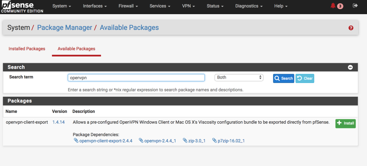 Installing the OpenVPN client export package.