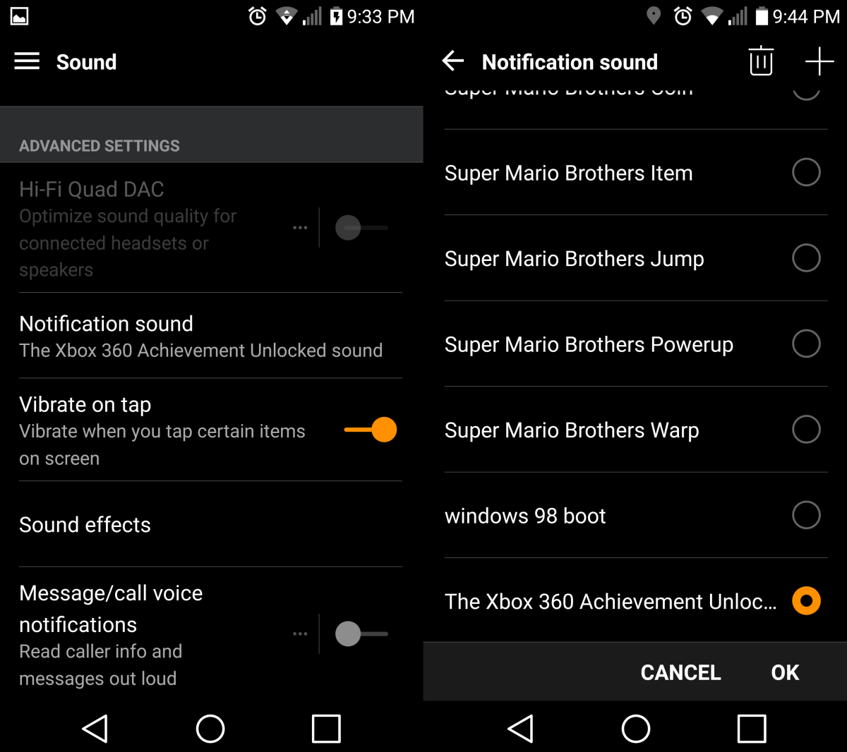 The sounds options screen and the notifications sounds screen.