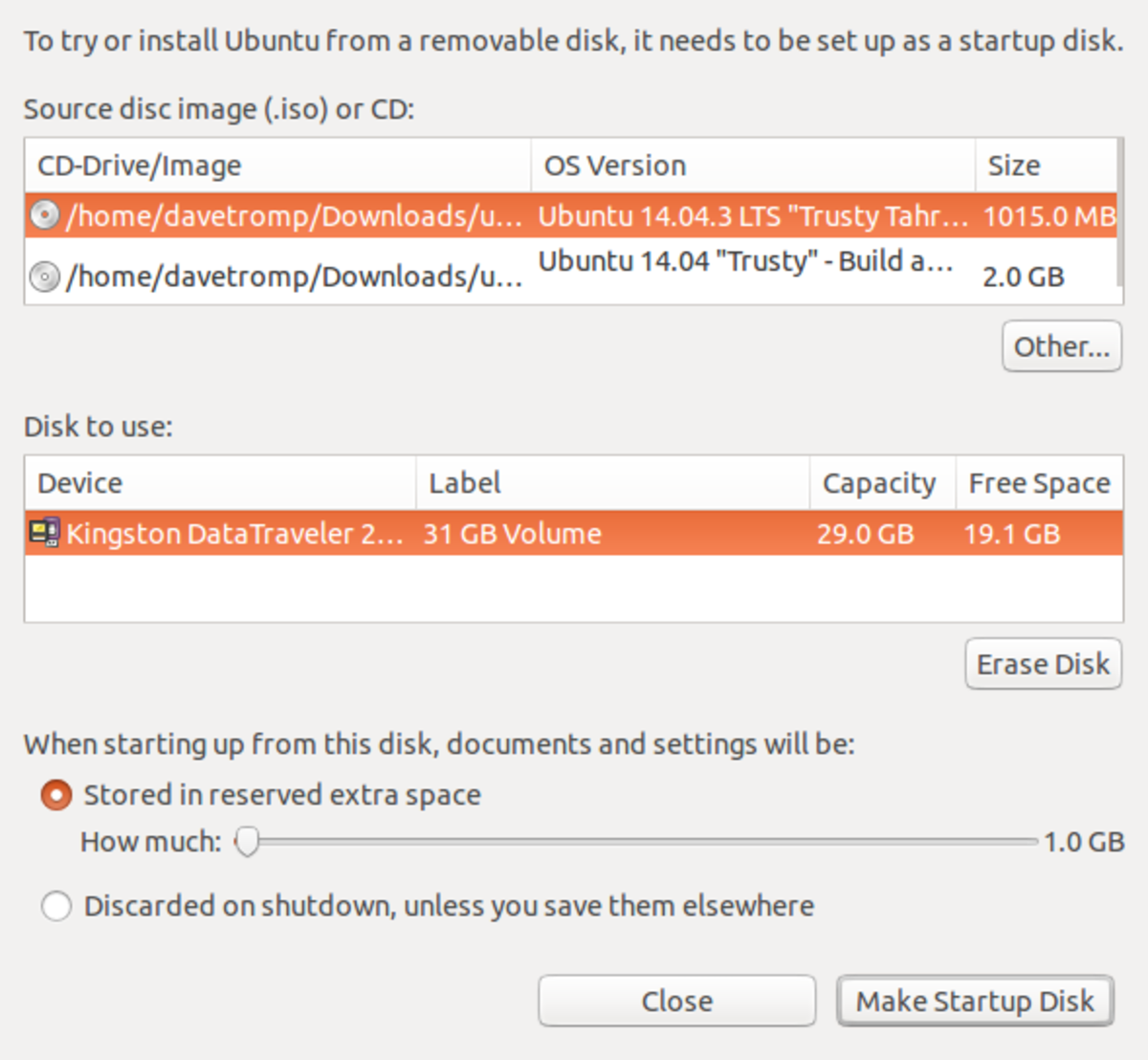 Selecting the start up disk