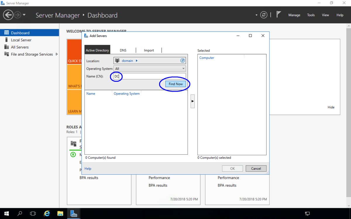 Type in DC (one of the servers to be managed) and click on Find Now