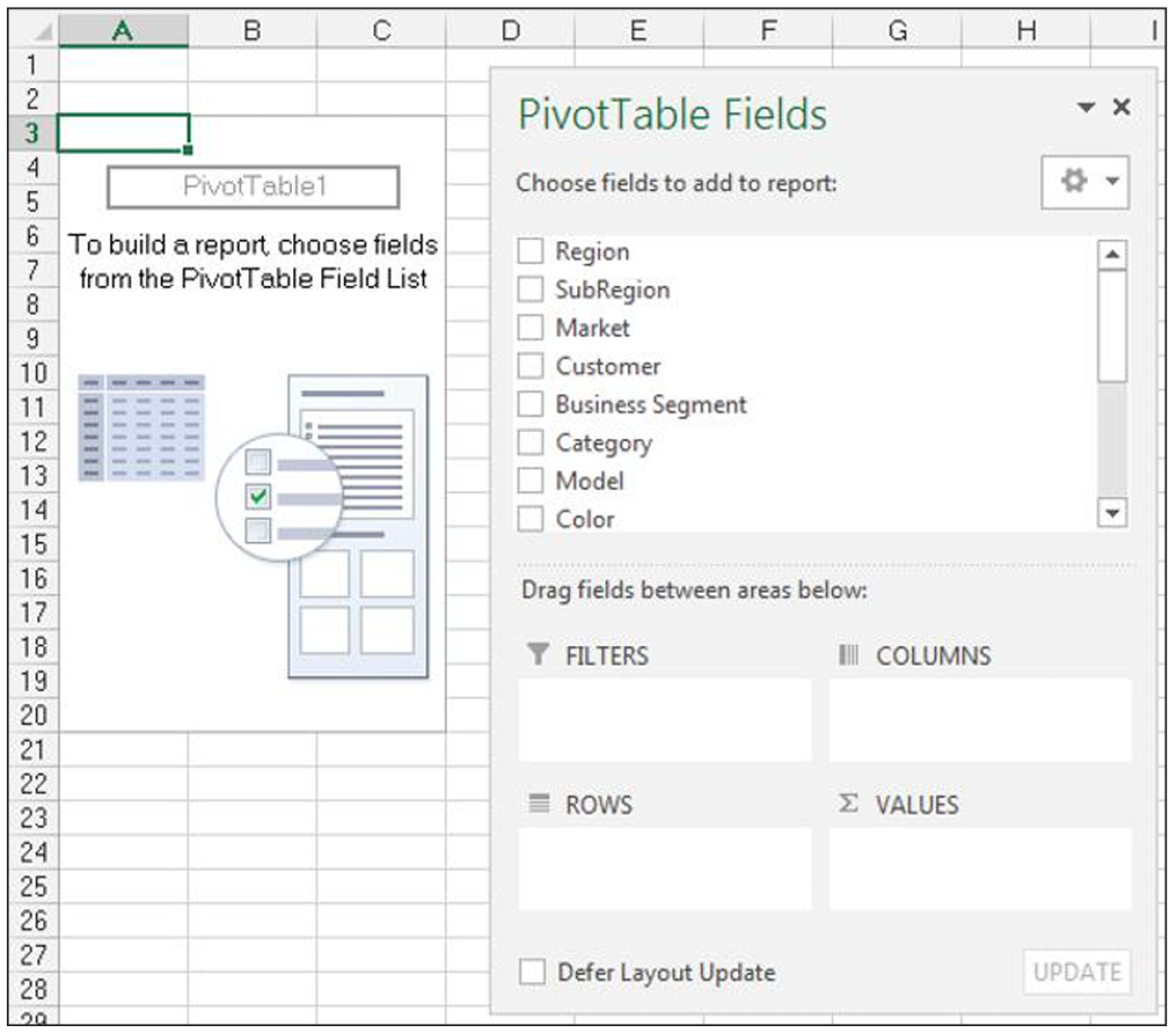 After the PivotTable is created, the Excel user is given options to set up the PivotTable. Each field that is reported needs to be categorized as either a row, column, filter, or value to create the PivotTable.
