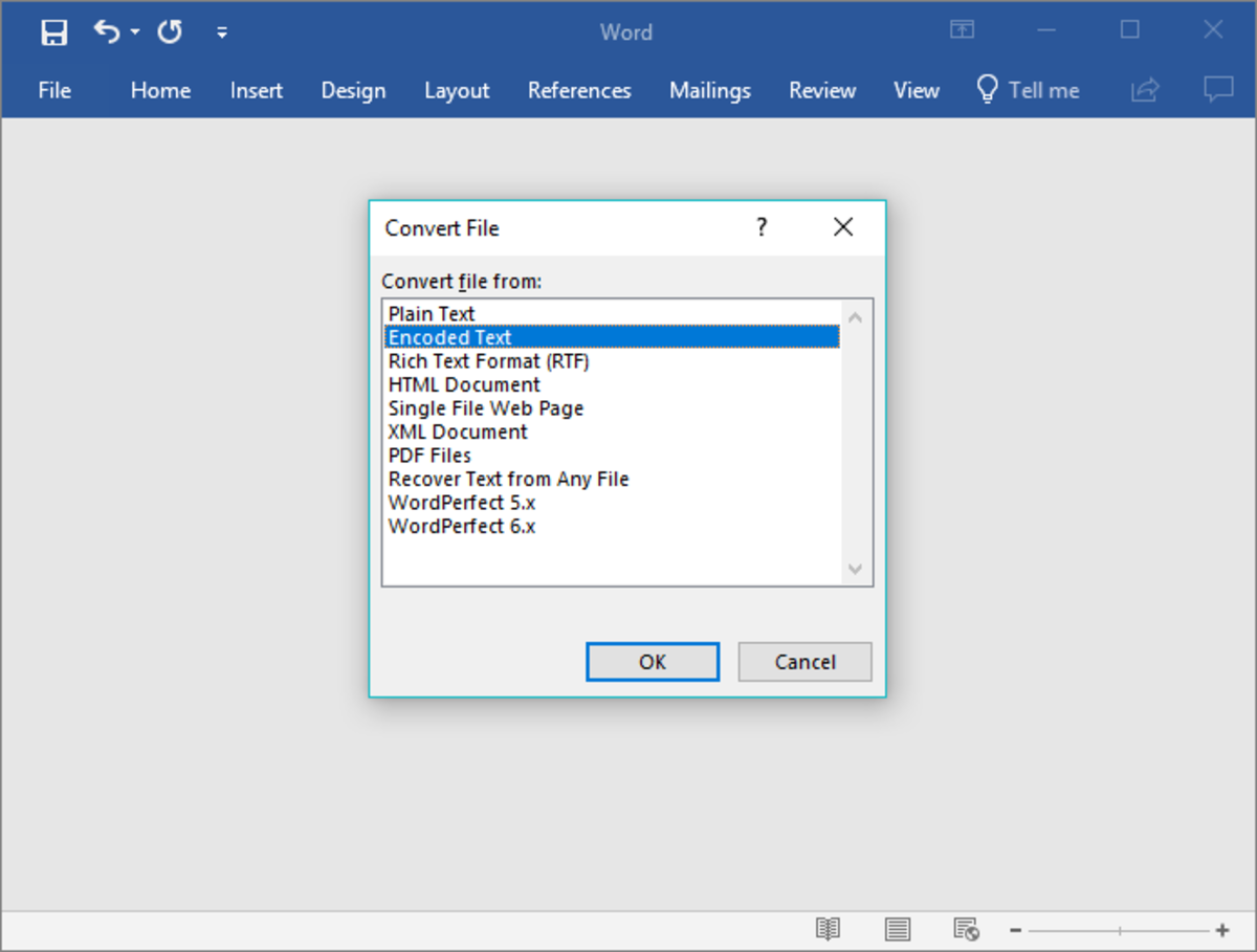 Step 2: File Conversion Dialogue Box in Microsoft Word 2016