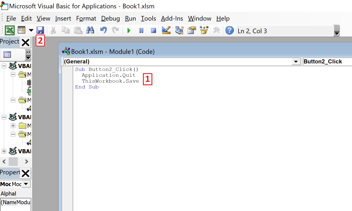 The first line of code "Sub Button2_Click()" initiates the task. Once the button is clicked, the application Quits "Application.Quit" and the prompt is avoided because the workbook is saved "ThisWorkbook.Save."  Finally, the module ends "End Sub"