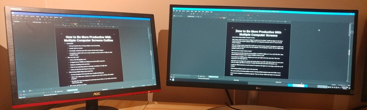 Both screens have LibreOffice open. I am wriitng a new document while looking at another doucment.