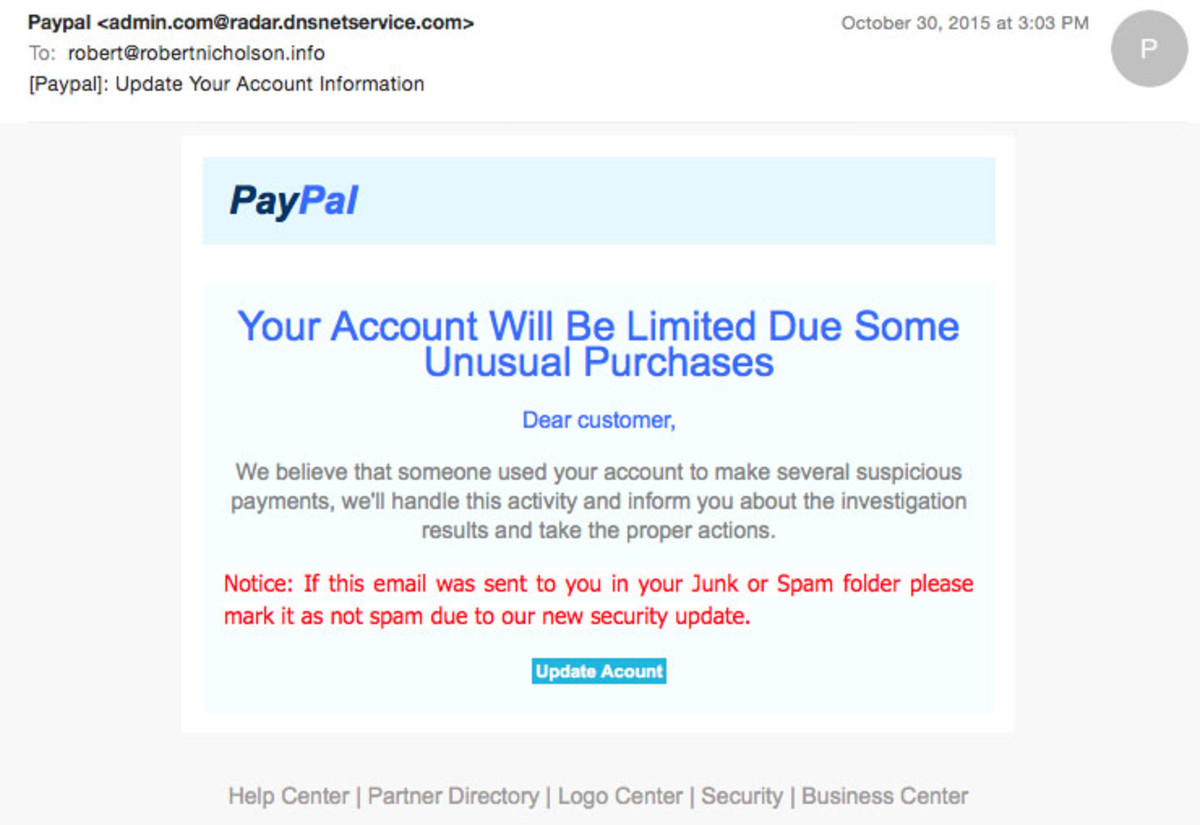 A phishing email received by the author