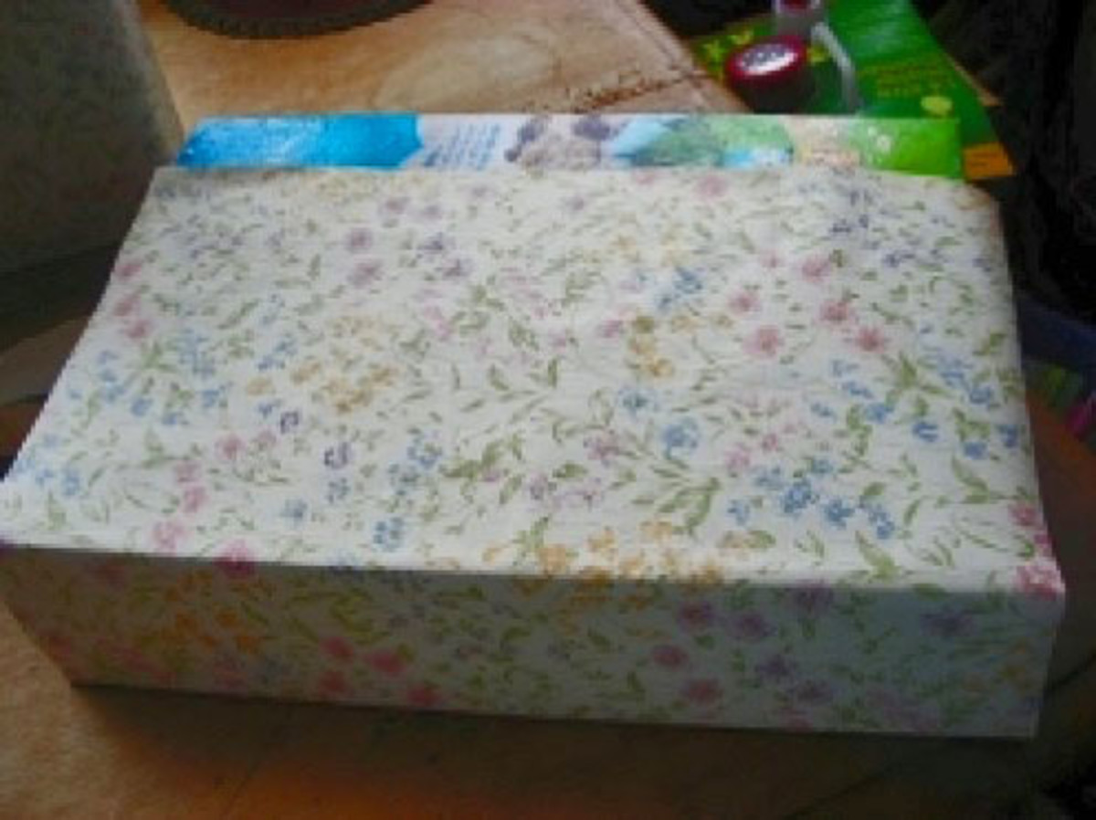 Box wrapped with wallpaper.