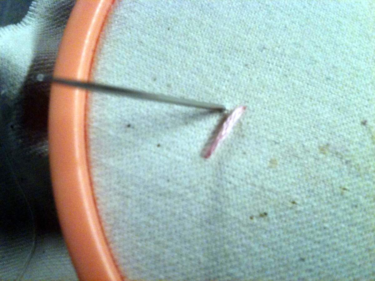 Figure 2: Bringing your needle back out just to the left of where I closed my first straight stitch.