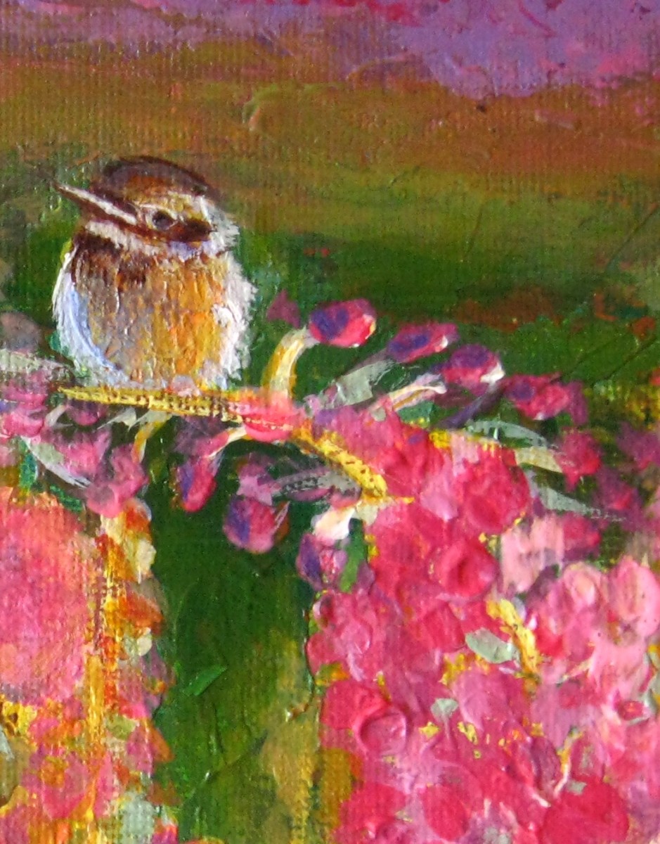 When a painting has a textured surface, you have to be very careful not to form foam or bubbles while brushing on the varnish; air spray application is recommended. (Painting "Perched", detail)