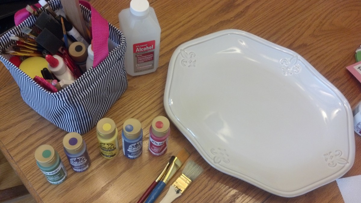 Supplies you will need for painting a ceramic platter.