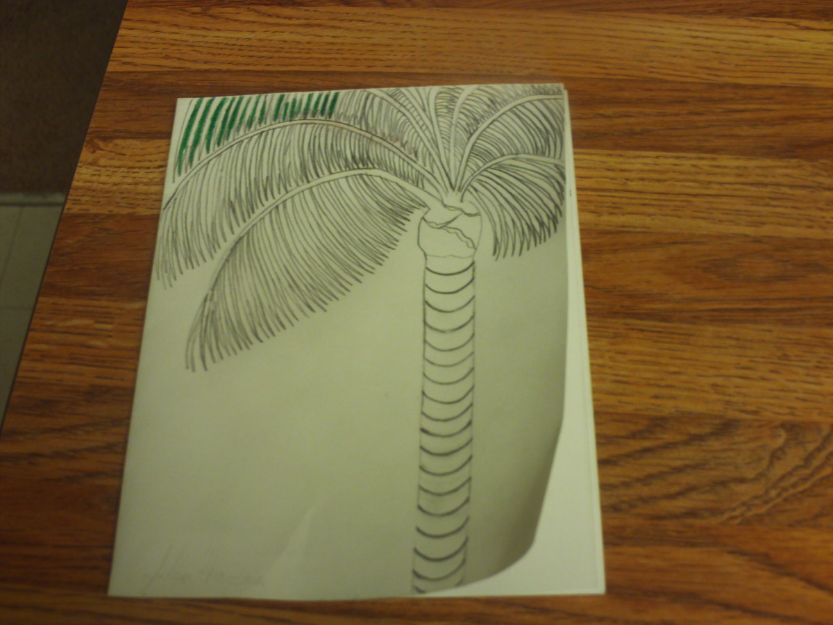 Coloring in the parts of the palm fronds that are a bit shadowy.