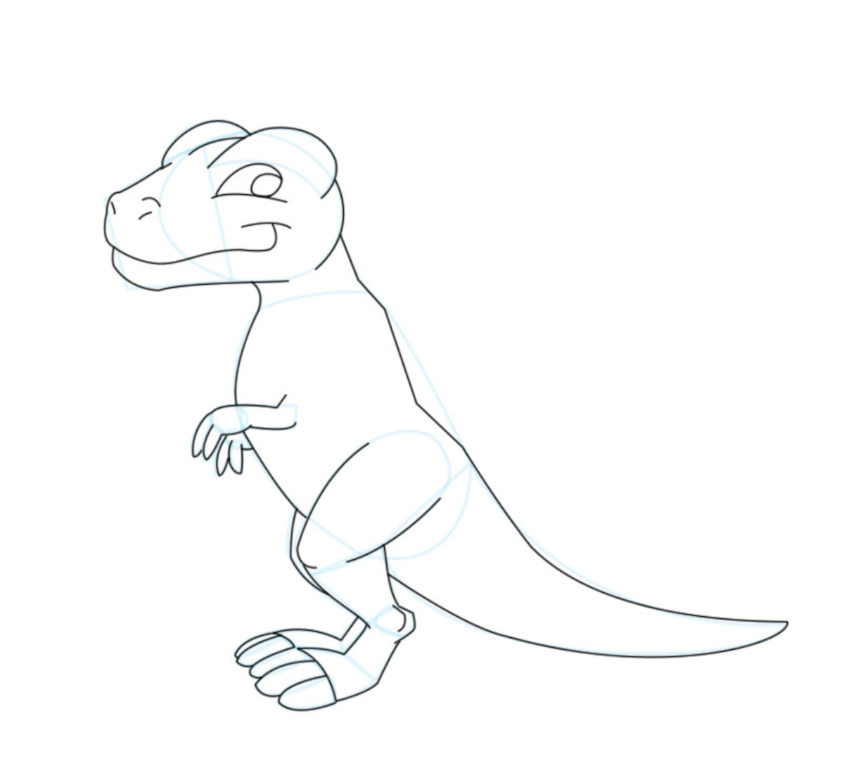 Go over your shapes, giving your dinosaur form. Add the features (you may do this before or after cleaning up your sketch lines).