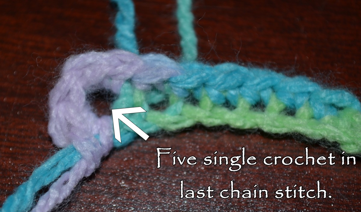 Five single crochet in last chain stitch.