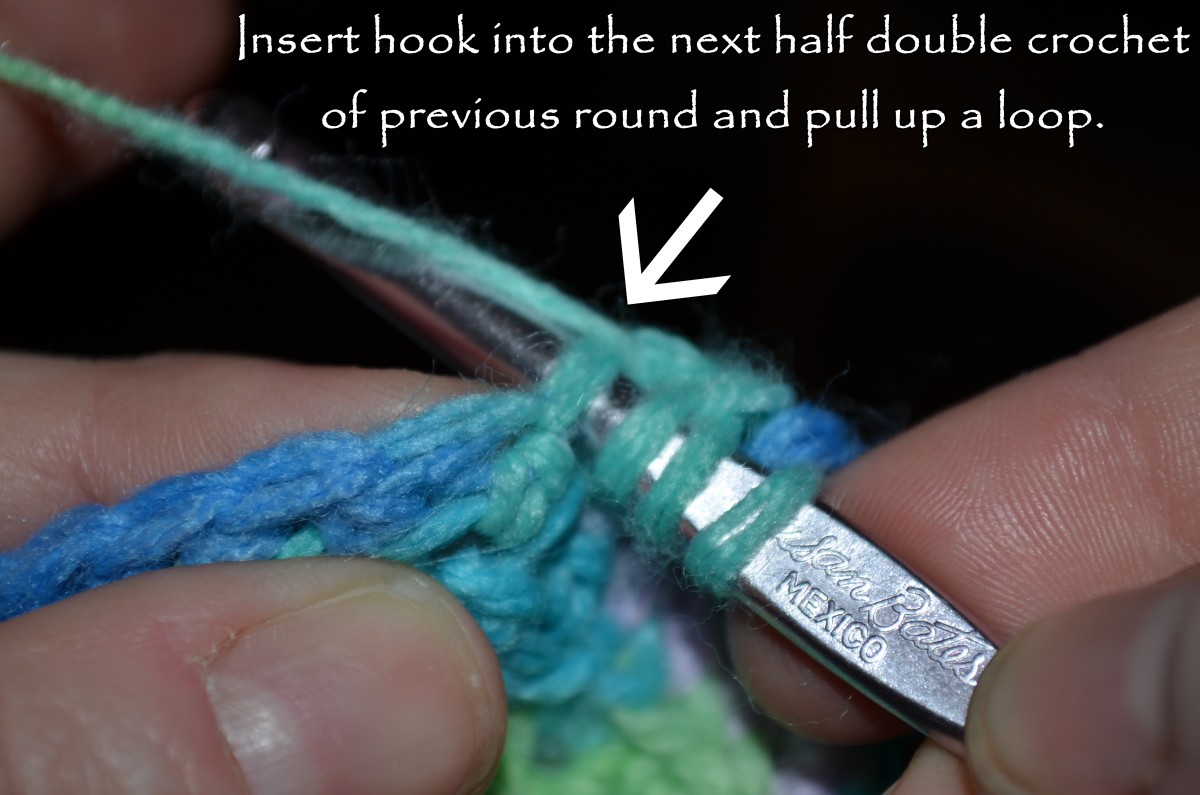 Insert the hook into the next half double crochet of the previous round and pull up a loop.