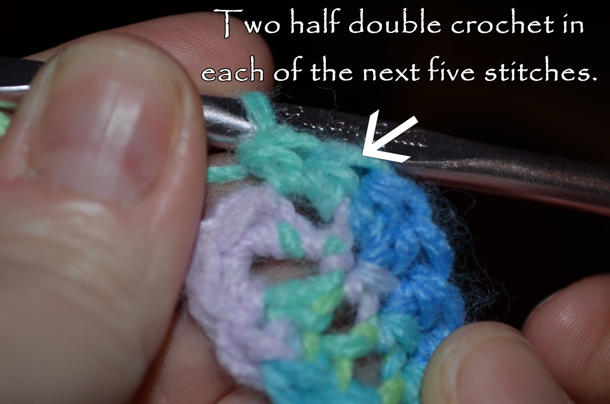 Two half double crochet in each of the next five stitches.