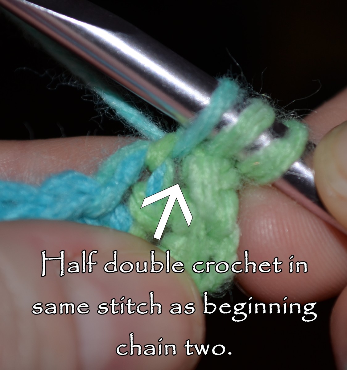 Half double crochet in same stitch as beginning chain two.