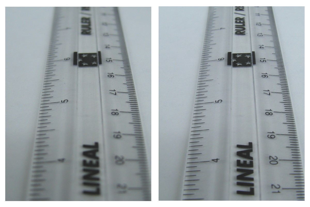 The right hand image has a larger depth of field because the f stop is greater on the camera (the aperture is smaller)