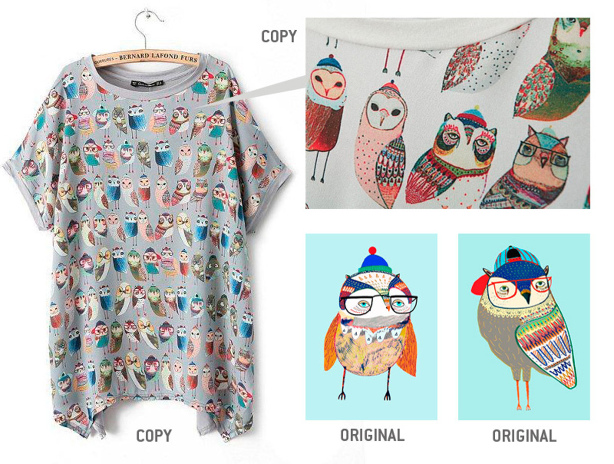 Spot the stolen owl - Ashley Percival's designs also featured without permission on tops from Chinese clothes retailer Yesstyle.com.