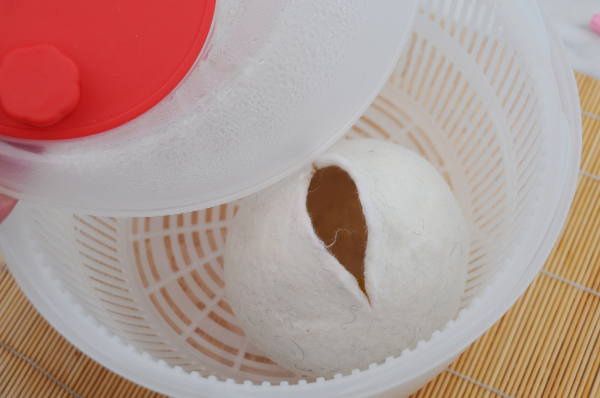 Dry the project in a salad spinner in preparation for needle felting