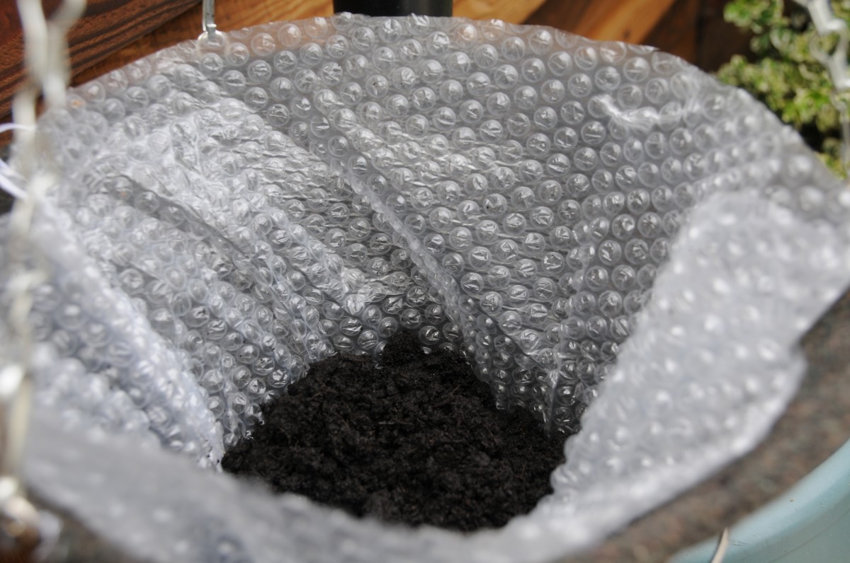 Add potting soil to the bottom of the bubble-wrap liner