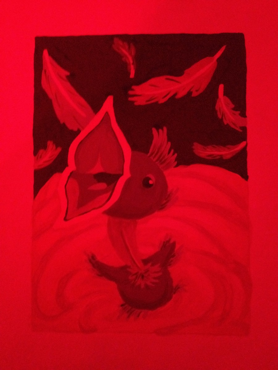 Here is what my painting looked light while it was still in the dark room. Can you guess which colors are which now that I've explained how the red light works?