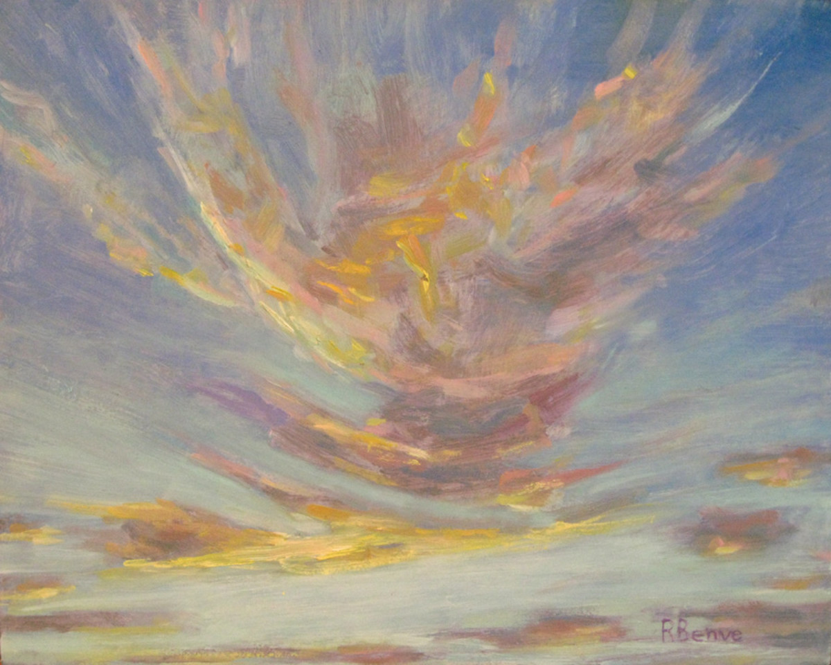 "Featherlike" oil painting by Robie Benve, all rights reserved. Sometimes clouds are light and swept by the wind, like this colorful one.