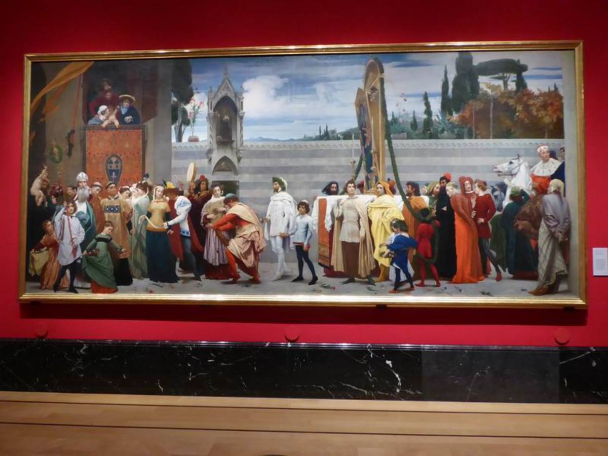 Frederick Leighton places himself, as Cimabue, at the centre of his monumental Madonna Carried in Procession. Copyright image Frances Spiegel with permission from Royal Collection Trust. All rights reserved.