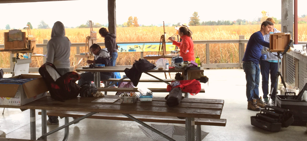 Find a group or painting class! Painting with others feels safer and encouraging. Pictured: Group of plein air painters taking a class with Joseph Lombardo in Columbus, OH. This was a rainy and cold day, we painted under a shelter at a local park.