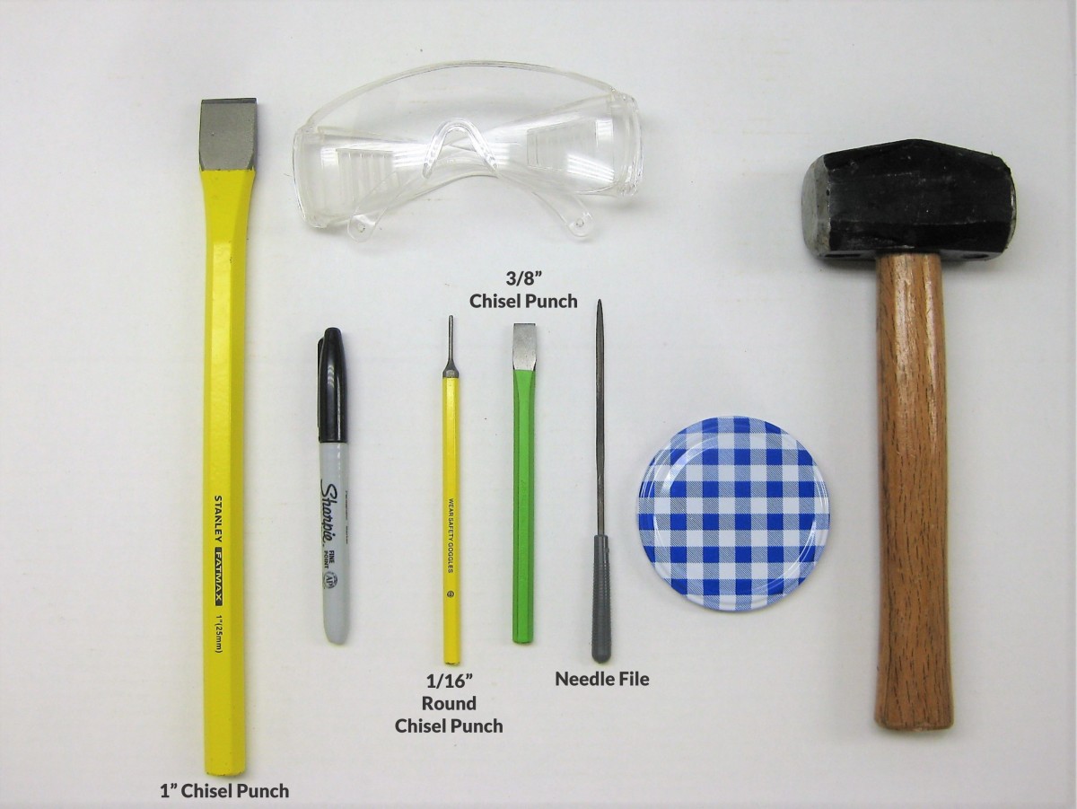 Here are the basic hand tools required to punch slots in metal lids.