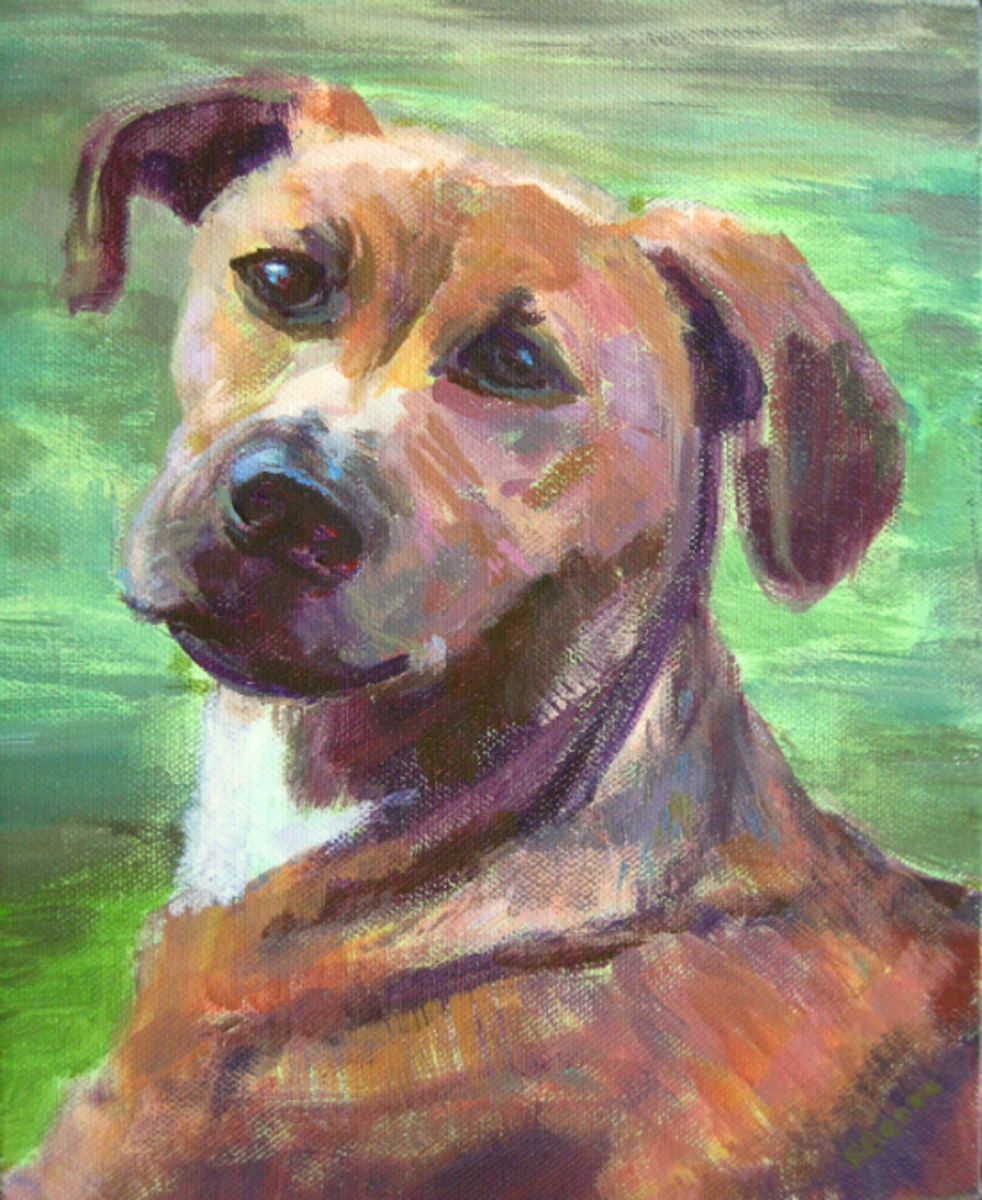 The fur of this brown dog is made of shades of orange and red. I toned it a bright, light green to create some contrast with the dog's color and harmony with the grass in the background. Acrylic on canvas.