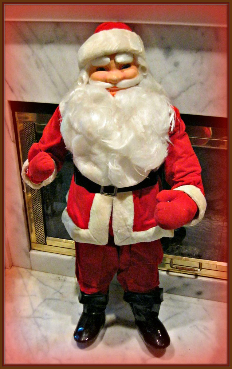 Gorgeous rare 40" Harold Gale Santa Claus Store Display Figure in red velvet suit with white faux fur trim and angel hair beard with patent "leather" boots.  He  is really amazing for age 